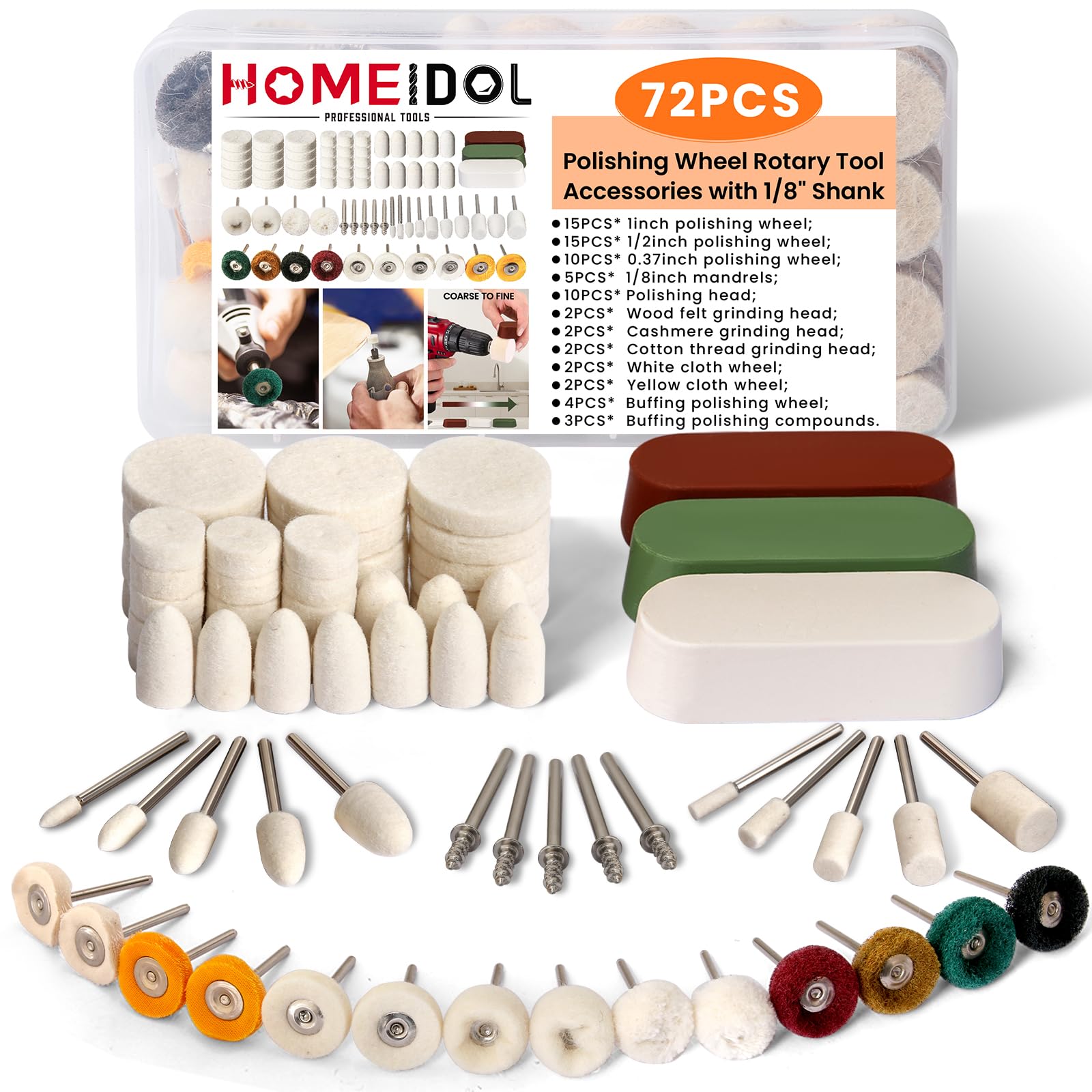 72-teiliges Polierset für Dremel-Polierscheiben mit Polierpaste | Polier-Bits für Rotationswerkzeug, Zubehör, Schleifscheiben, Schleifset für Metall, Holz, Uhren, Schmuck, Reinigung, 0,3 cm