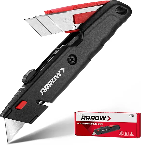 ARROW Retractable Box Cutter, Quick Change Utility Knife with Blade Storage Design, Heavy Duty Aluminum Razor Knife, Twine Cutter, 3 Extra SK2 Blades Included
