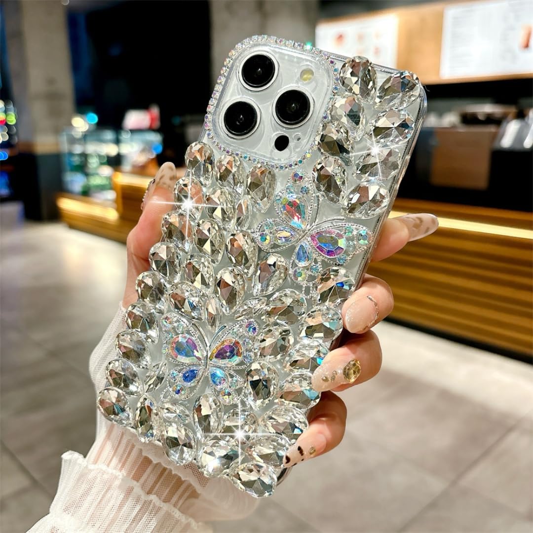 Funda de lujo con purpurina y diamantes de imitación en forma de mariposa para iPhone 17 Pro Max/16/15/14/13/12/11, funda con diamantes completos para iPhone 15 Pro/14 Pro (para iPhone 13/colorida).