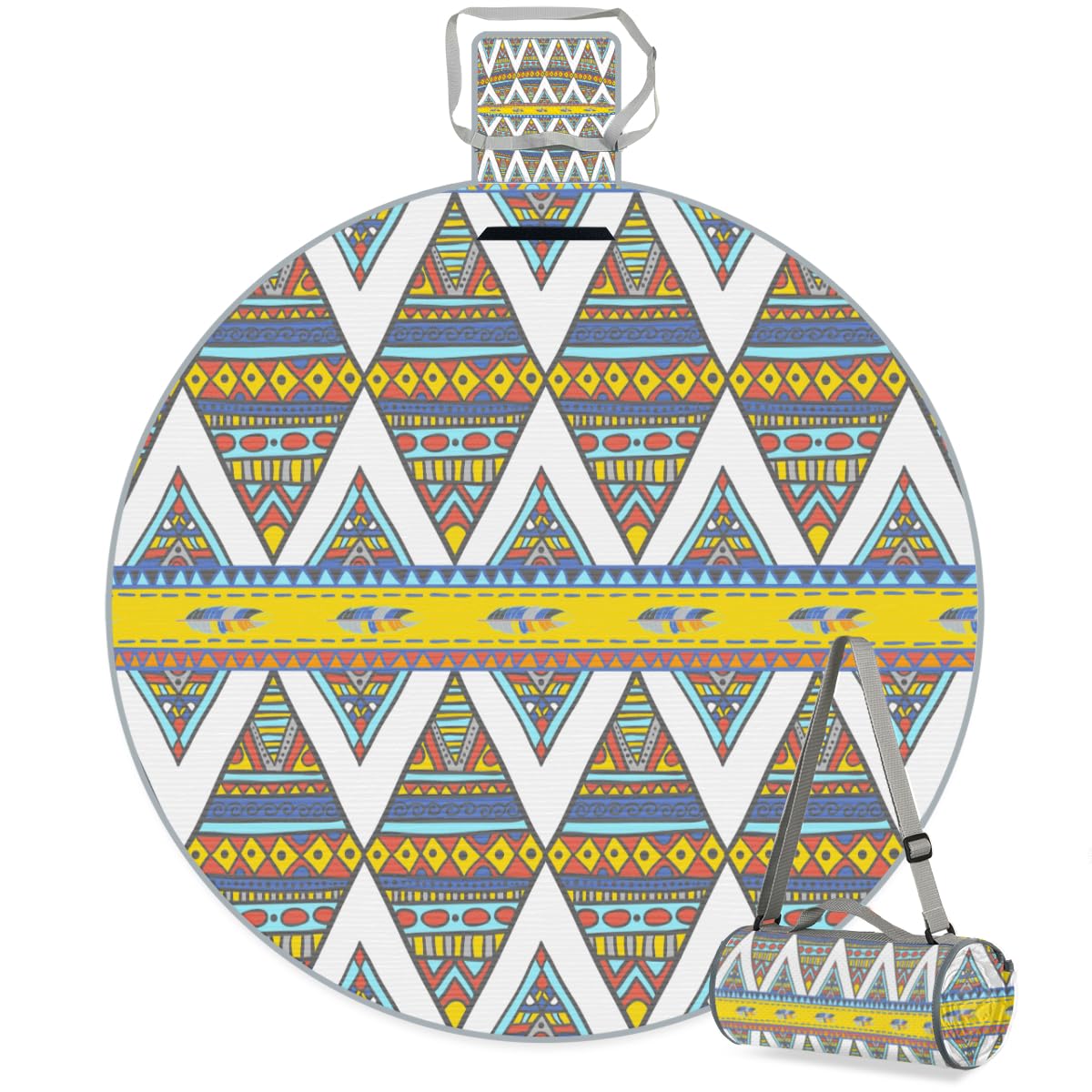 Shimoshe Ethnic Tribe Geometric Pattern Picnic Outdoor Blanket Foldable Waterproof Sandproof Beach Blanket Portable Water-Resistant Round Picnic Mat for Travel Camping Park Lawn