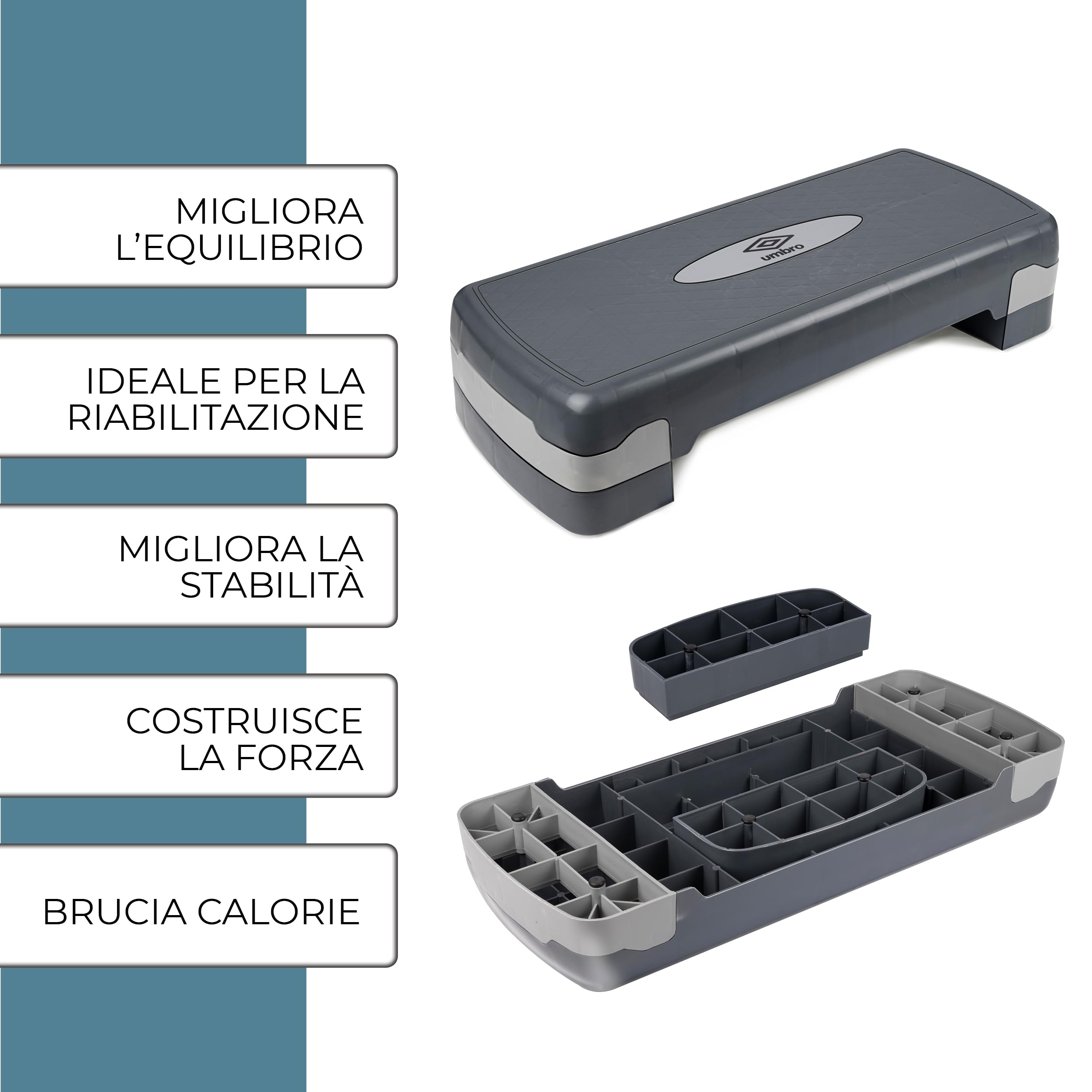 Umbro Step Fitness - Stepper Fitness Casa Regolabile in Altezza 10-15 cm - Step Pedana con Strato Antiscivolo - Mezzo Gradino - Piattaforma Step Aerobica - Grigio