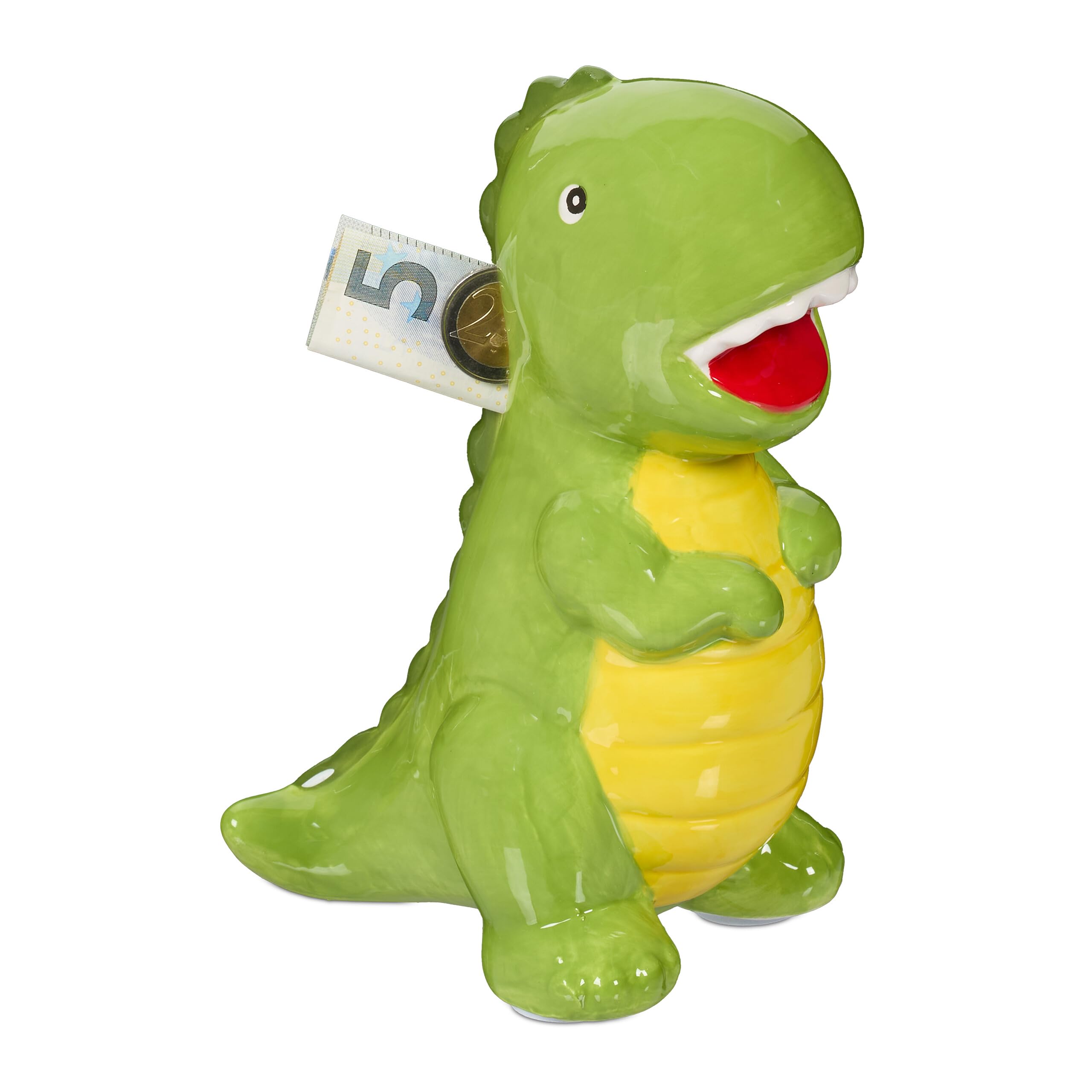 Relaxdays Dinosaur Money Box, Fun Design, Dolomite Piggy Bank, Removable Base, Savings, HWD: 19 x 10 x 15.5 cm, Green, Stone
