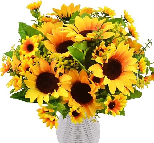 Miniatura 1 de FULAWEIER Ramo de girasol artificial 4 racimos de girasol falso de seda flores amarillas sintéticas para interiores y exteriores maceta colgante