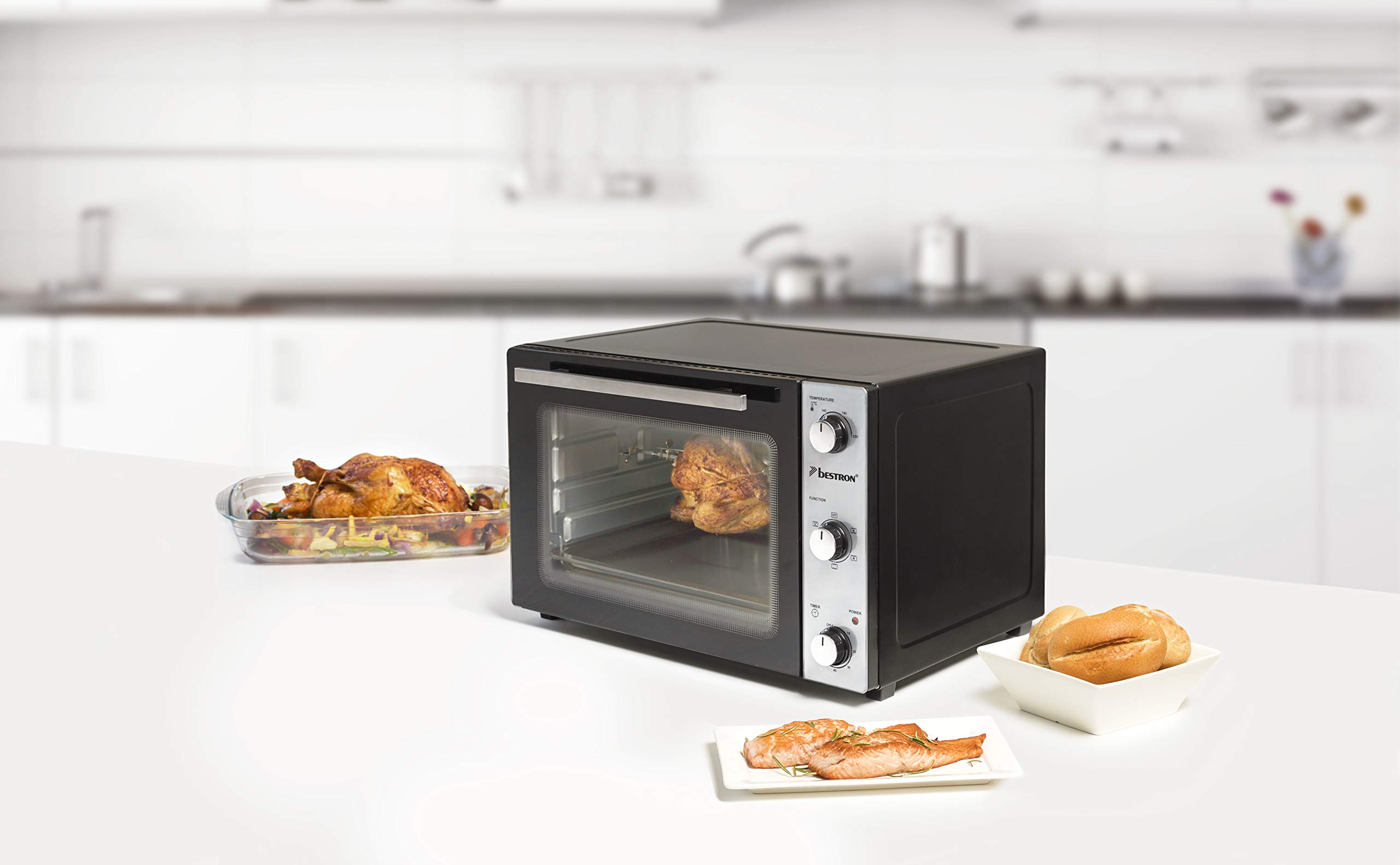Bestron Mini Horno con Pincho Giratorio y Piedra para Pizza, 31 Litros, 1500 Vatios, Acero Inoxidable