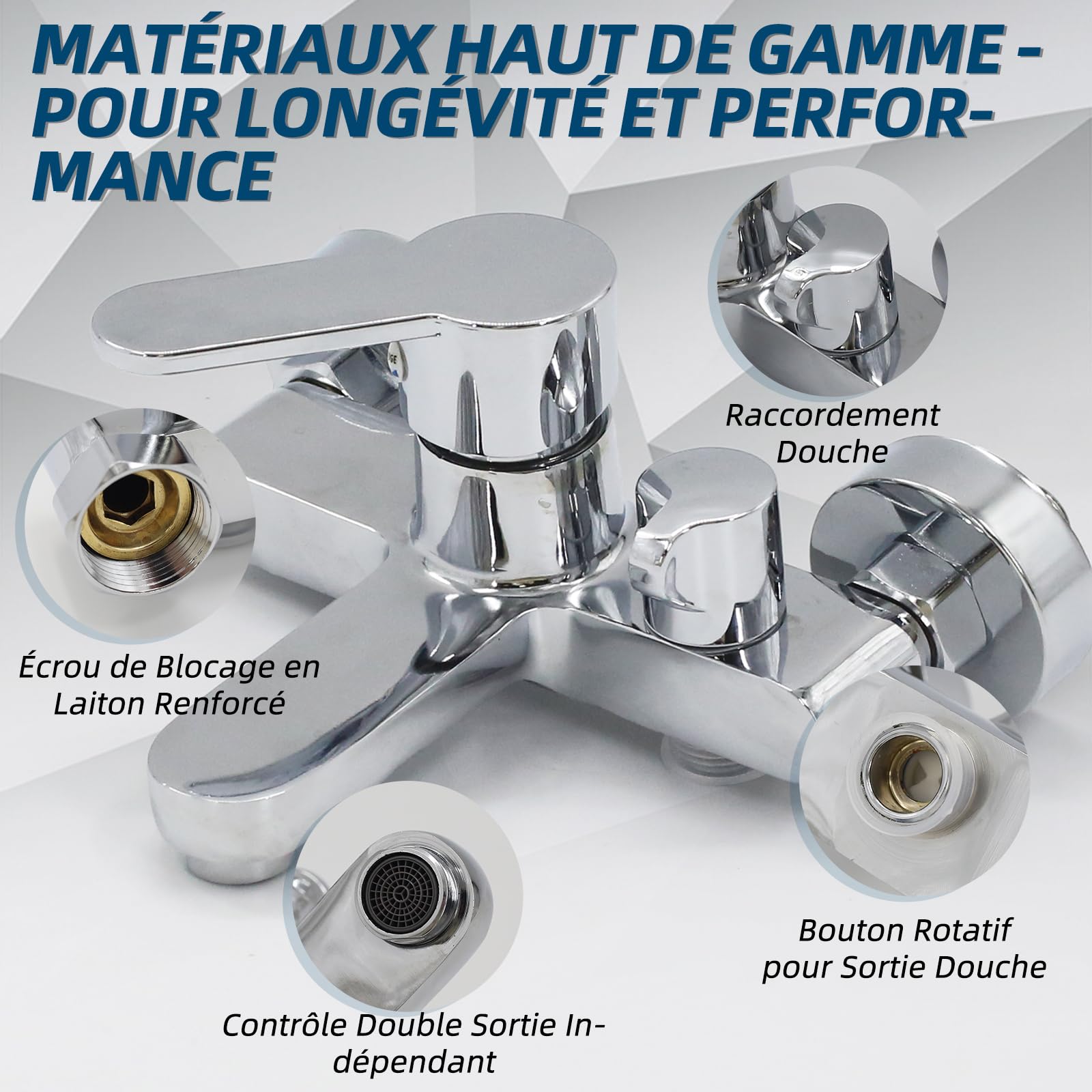 Robinet de baignoire monté en saillie - Mitigeur monocommande avec bec de douche 1/2" - Surface chromée (moderne)