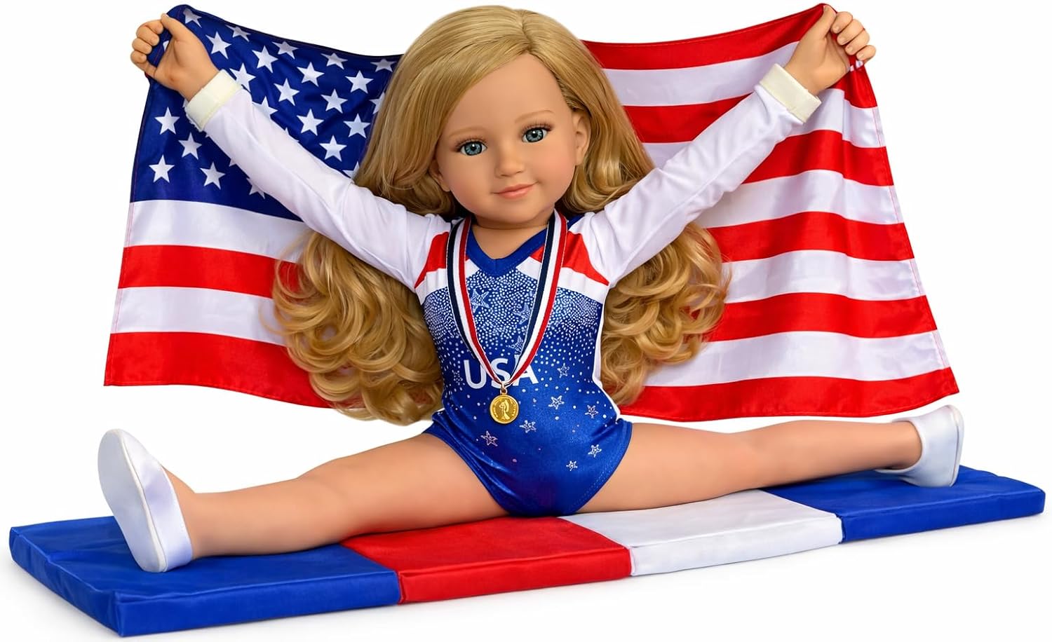 18 Inch Doll Gymnastics Outfit, American Flag, Wrist Guards, Shoes & Mat – Fits Kennedy and Friends® – USA Leotard Patriotic Doll Clothes & Accessories