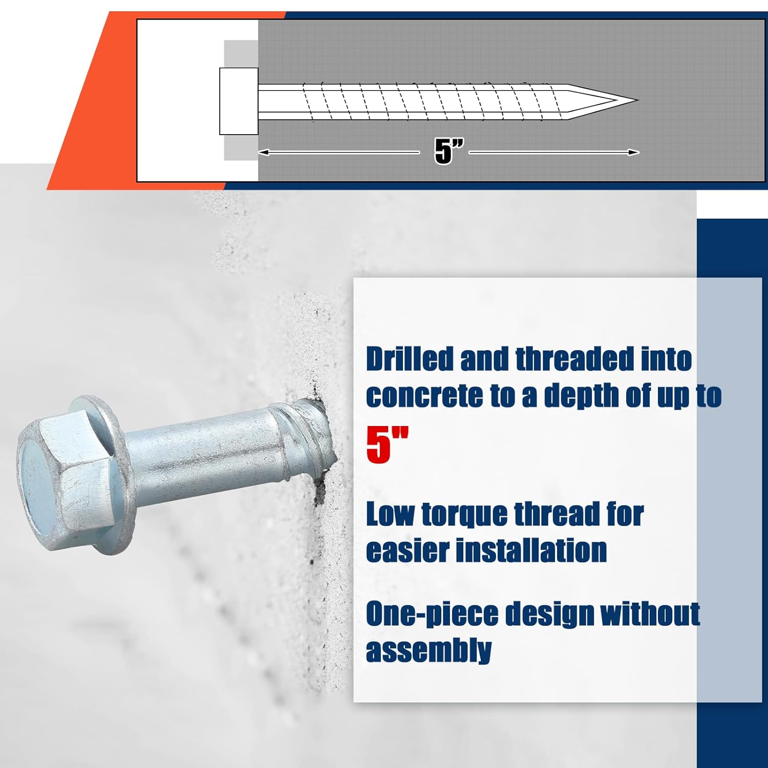 Tandefio 60 Pack 1/2" x 5" Concrete Screw Anchor Galvanized Large Diameter Heavy Duty Plated Concrete Anchors for Masonry Brick Anchoring Block Decking Framing Hex Drive