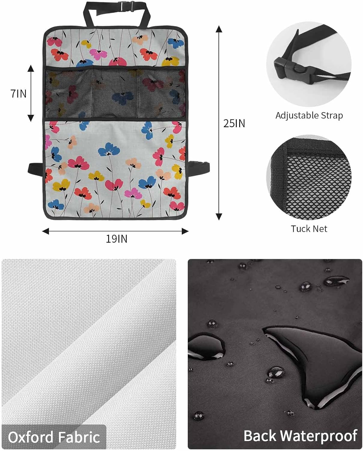 Car Seat Protector, 2 Pack Kick Mats with Organizer - 3 Pocket Storage, Retro Abstract Flowers Leaves Hand Drawn Illustration Back Seat Cover for Kids Universal Fit Automotive Interior Protectors