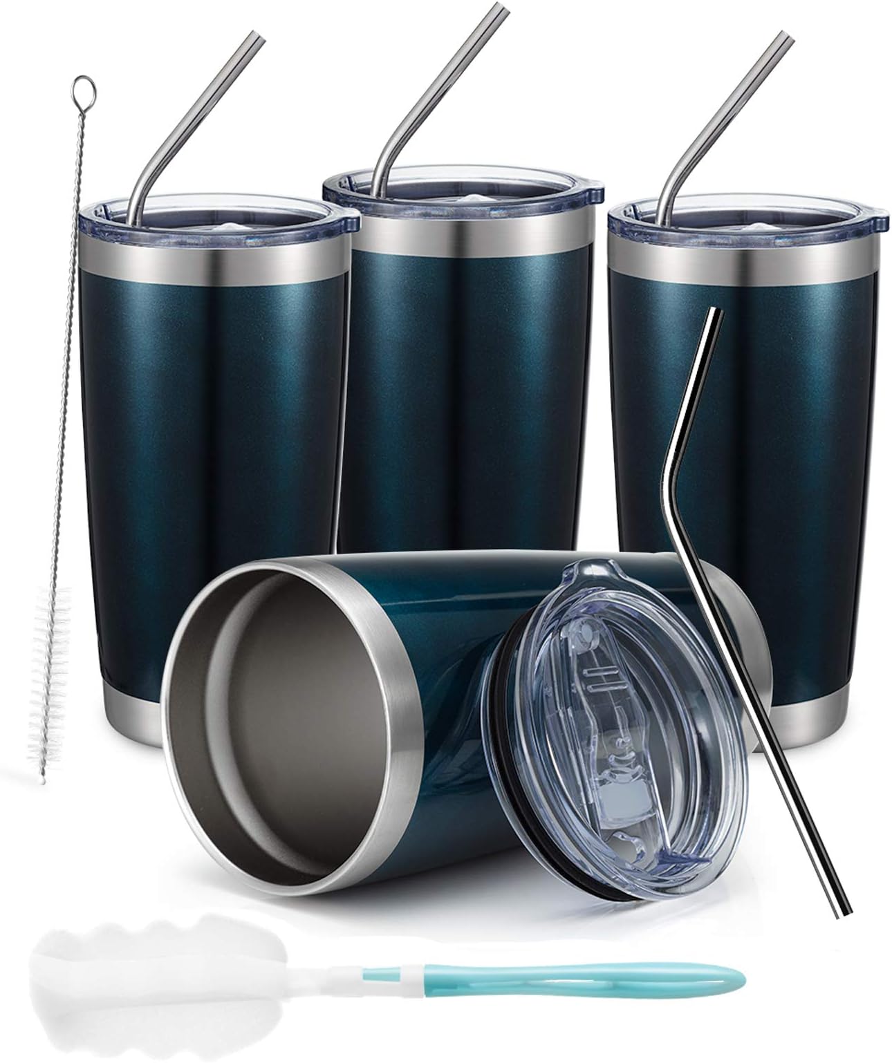 COMOOO20oz Double Wall Vacuum Insulated Travel Mug, Stainless Steel Tumbler with Lid and Straw Durable Powder Coated Insulated Coffee Cup for Cold & Hot Drinks (Peacock blue, 4)