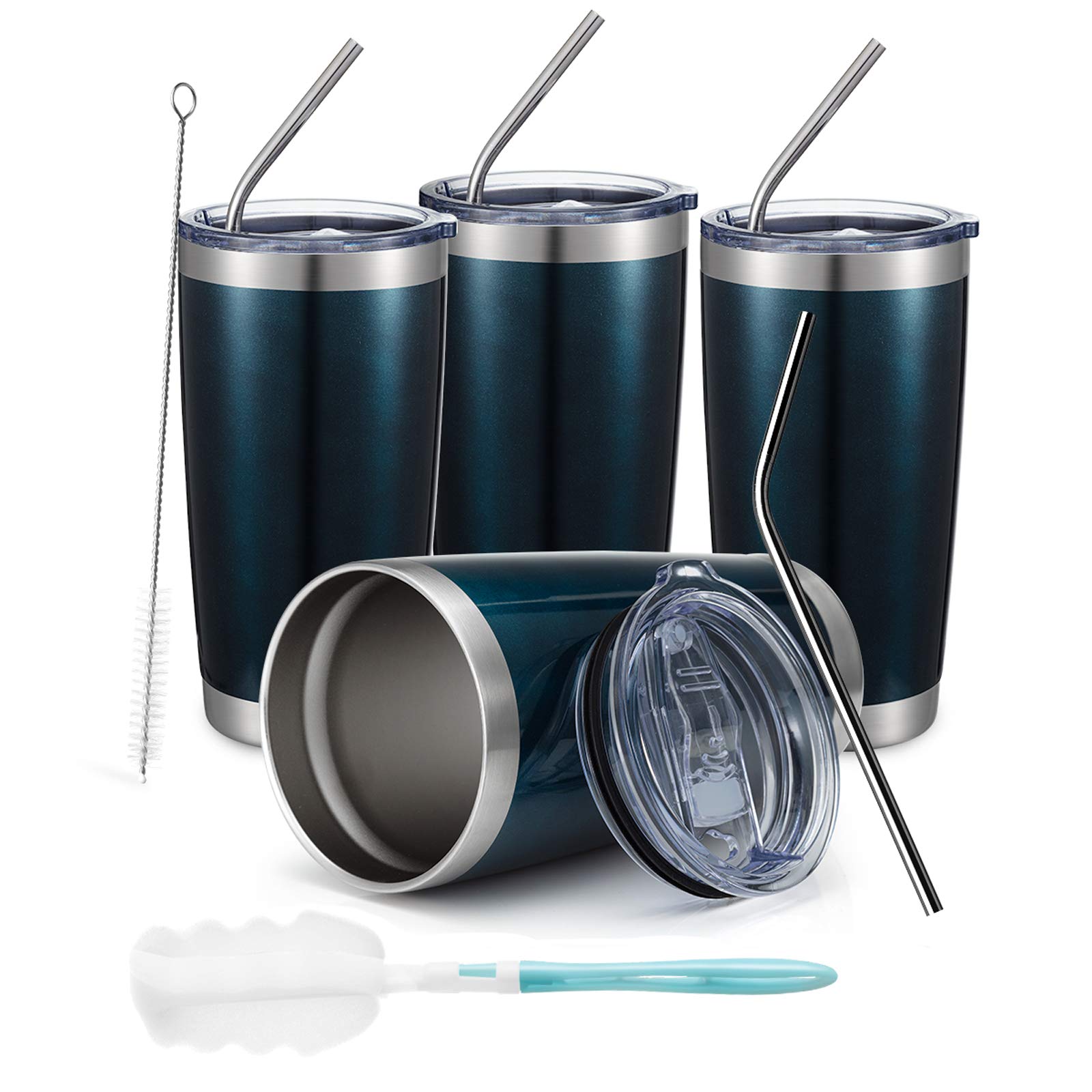 COMOOO20oz Double Wall Vacuum Insulated Travel Mug, Stainless Steel Tumbler with Lid and Straw Durable Powder Coated Insulated Coffee Cup for Cold & Hot Drinks (Peacock blue, 4)