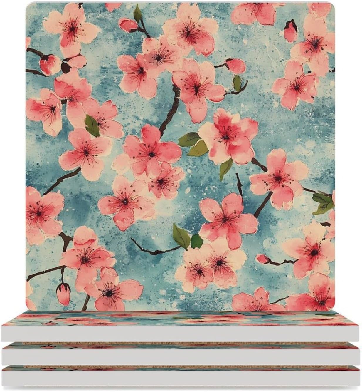 Cherry1 Watercolor Blossoming Funny Ceramic Coasters for Drinks Absorbent Cup Holder Tabletop Protector with Cork Base