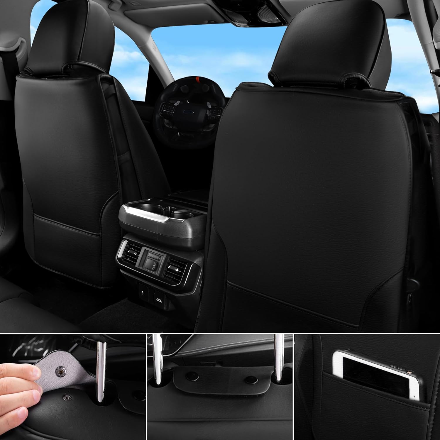 CAR PASS Nappa Leather Car Seat Covers Front Cushioned, Luxury Waterproof Durable Front Seat Protector for Cars, Waterproof Anti-Slip Seat Cushion Universal Fit SUV Pickup Truck Sedan Automotive Black