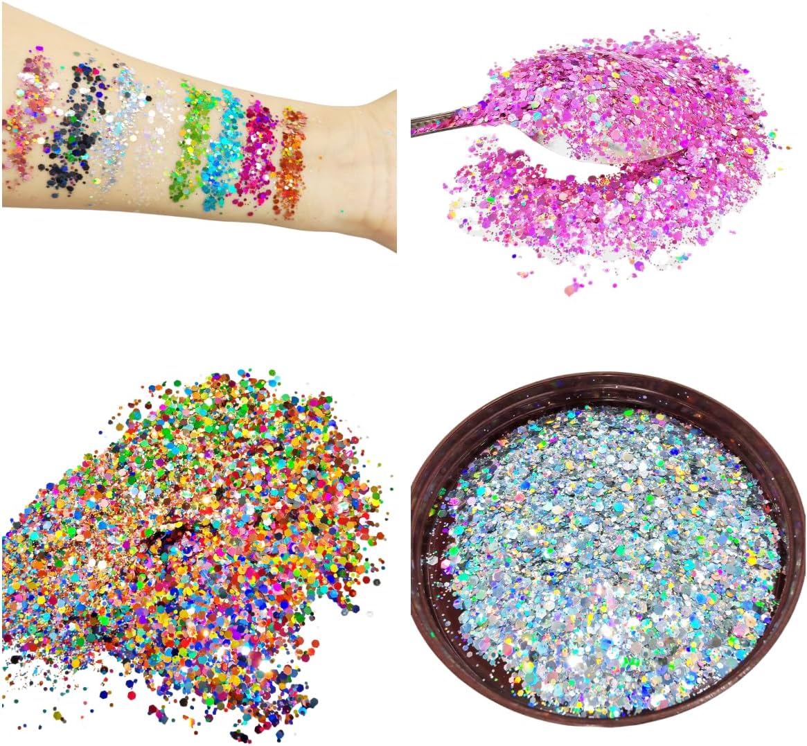 24-Color Holographic Chunky Glitter Flake Sequins Set for Nail Art&Crafts | Cosmetic-grade iridescent glitter for face hair Festival party makeup&tumbler,DIY resin soap making,jewelry&crafts