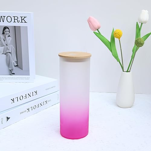 Miniatura 7 de Paquete de 25 vasos de vidrio esmerilado con tapas y pajitas, vasos de vidrio sublimación de color degradado de 25 onzas, vasos de sublimación de