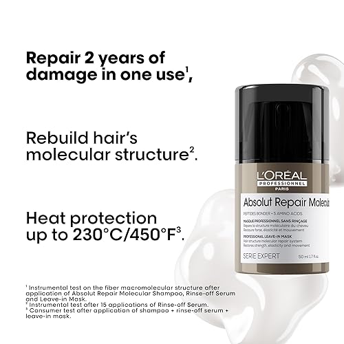Vista 4 de L'Oréal Professionnel Paris Absolut Repair Molecular Leave In Mask - Smooths and Strengthens Hair For All Damaged Hair Types, Protects from Heat