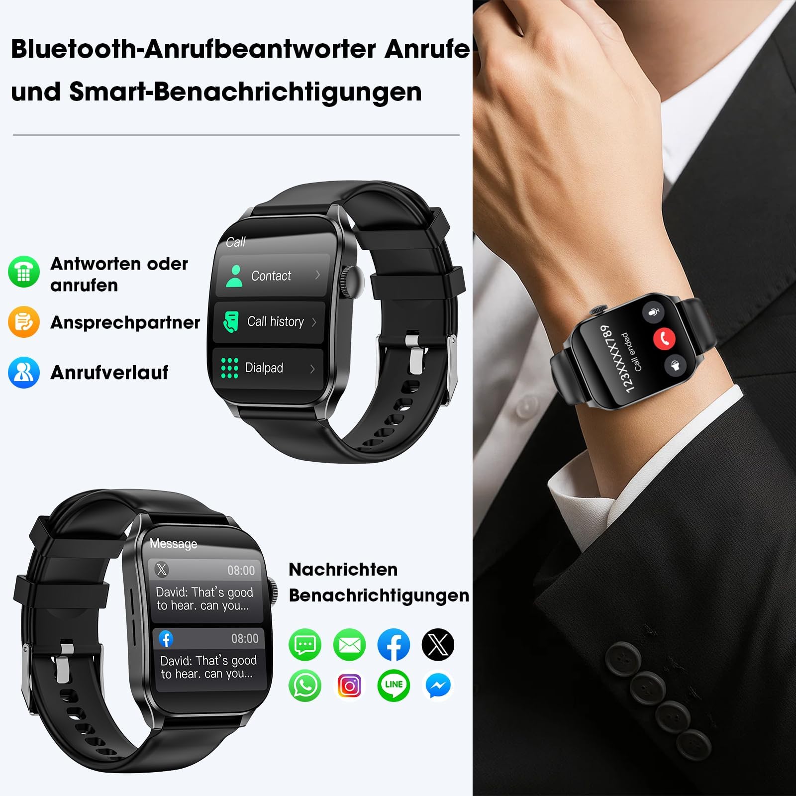 Smartwatch Herren Damen, 1,91" HD-Kurvdisplay Smart Watch mit Bluetooth Anrufen, 100+Sportmodi Fitnessuhr mit Herzfrequenz/Schlafmonitor/Schrittzähler, IP67 Wasserdicht Sportuhr für Android iOS | 100+Sportmodi Fitnessuhr mit Bluetooth Anrufen Herzfrequenz
