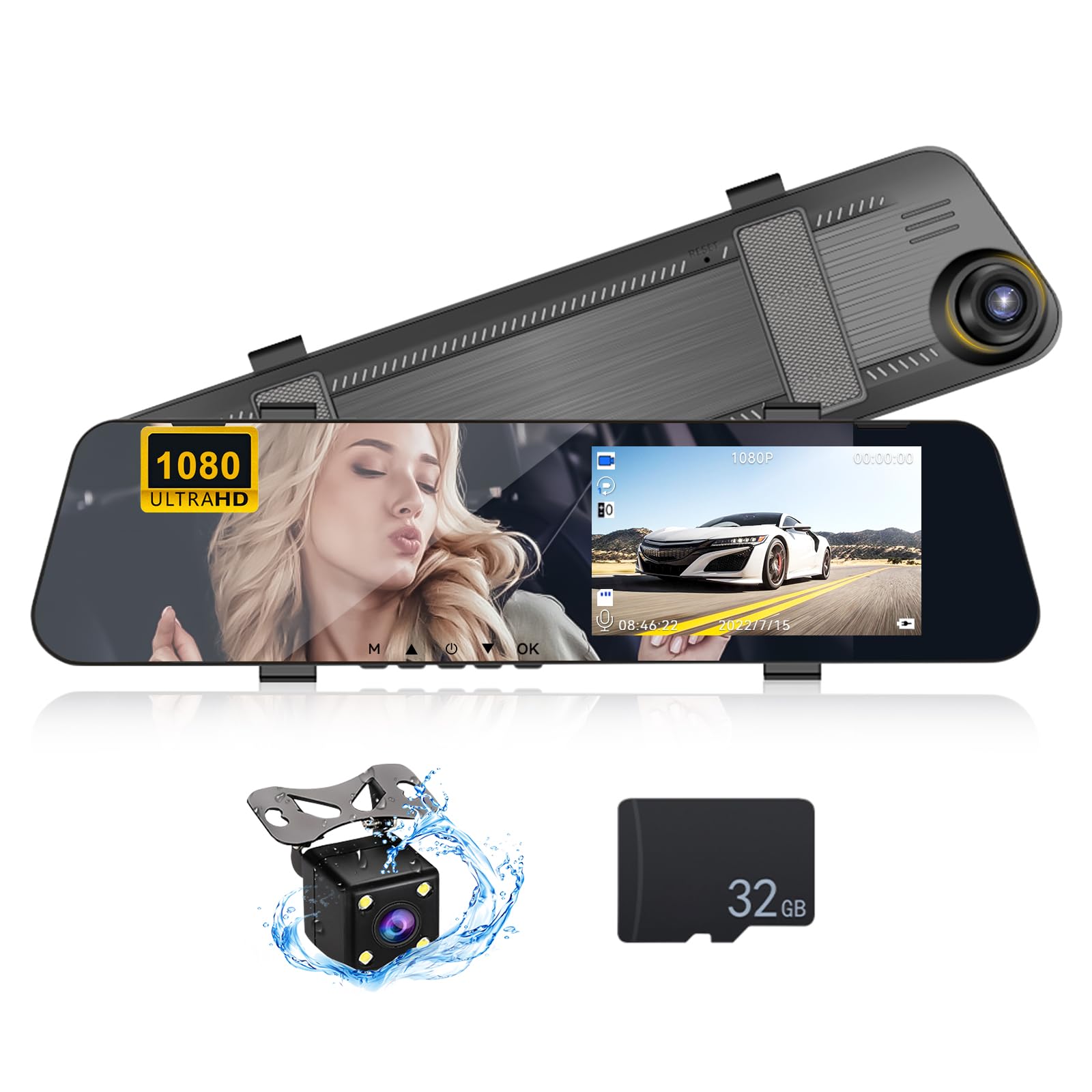 CAMECHO Mirror Dash Cam with 32GB TF card, 4.5 Inch 1080P Dual Dash Cam Front and Rear Camera Car Rear View Mirror Loop Recording Wide Angle Parking Assistance with WDR Night Vision,Motion Detection