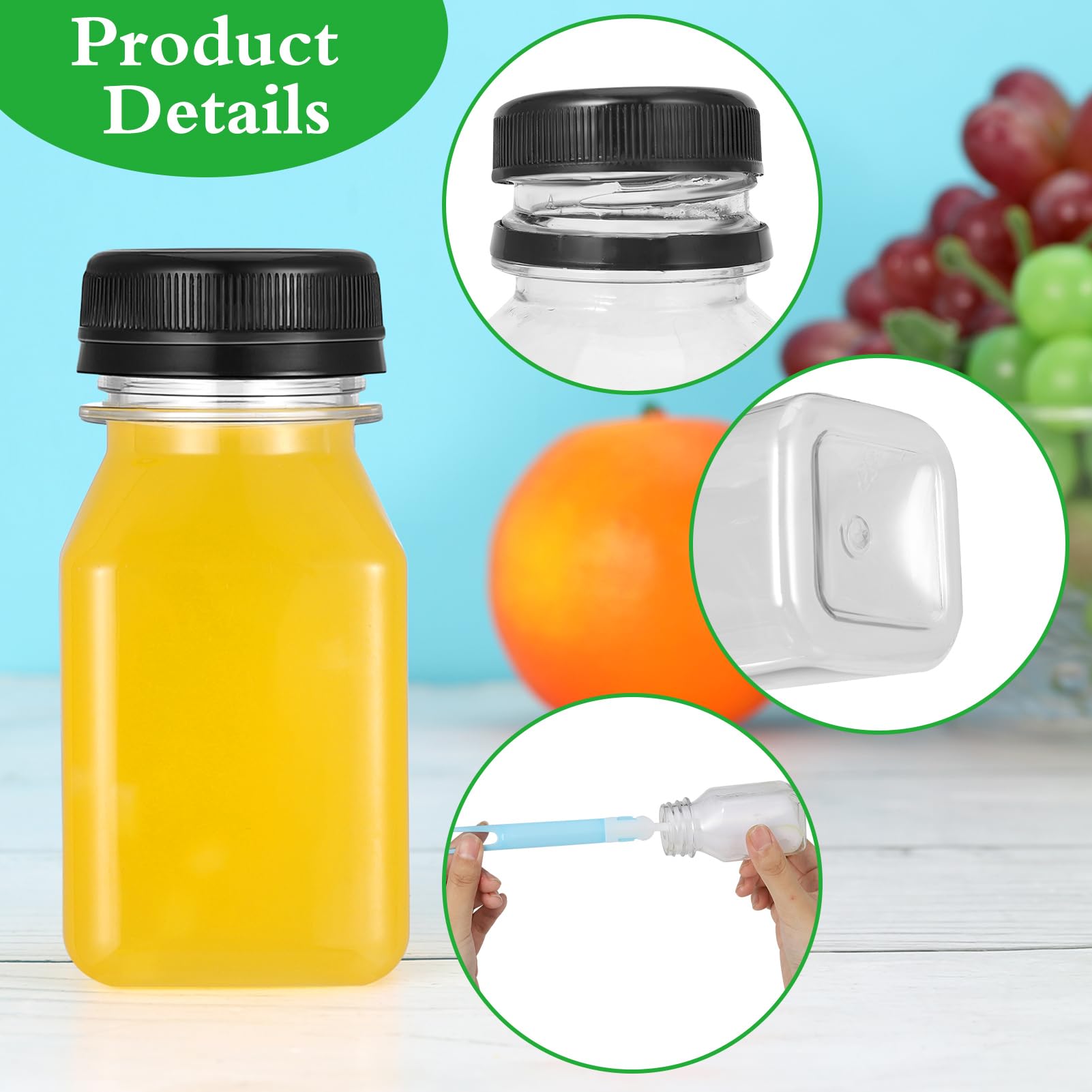 Opopark 20 Pack 4oz/120ml Plastic Juice Bottles with Black Lids, with Pouring Funnel and Brush - Image 3