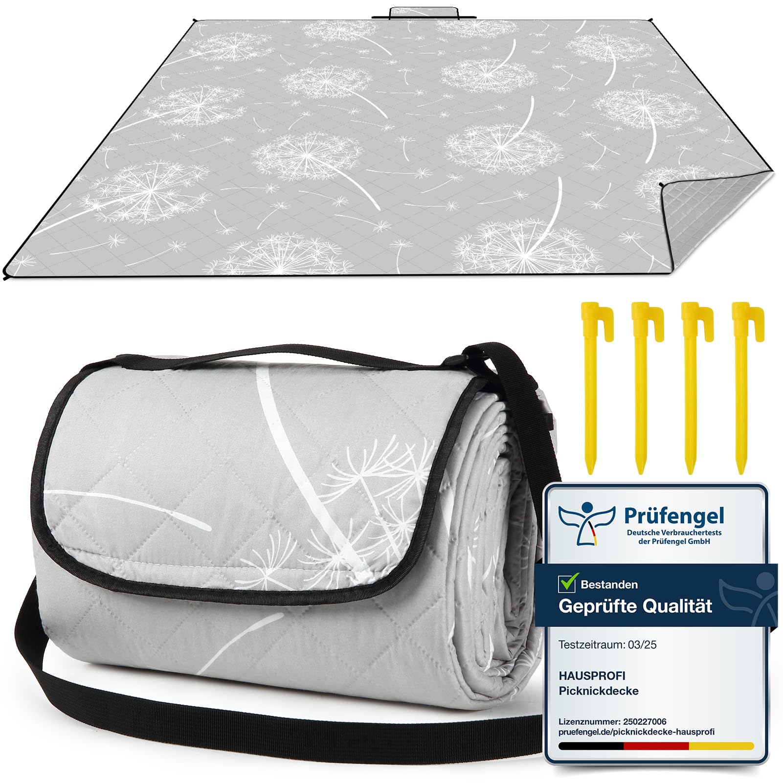 HAUSPROFI Picknickdecke, Wasserdicht XXL Stranddecke, Strandmatte, Picnic Blanket, Campingdecke mit Erdnägel, Tragegriff und Schultergurt für Outdoor, Picknick, Garten, Strand, Camping-200x200cm, Grau