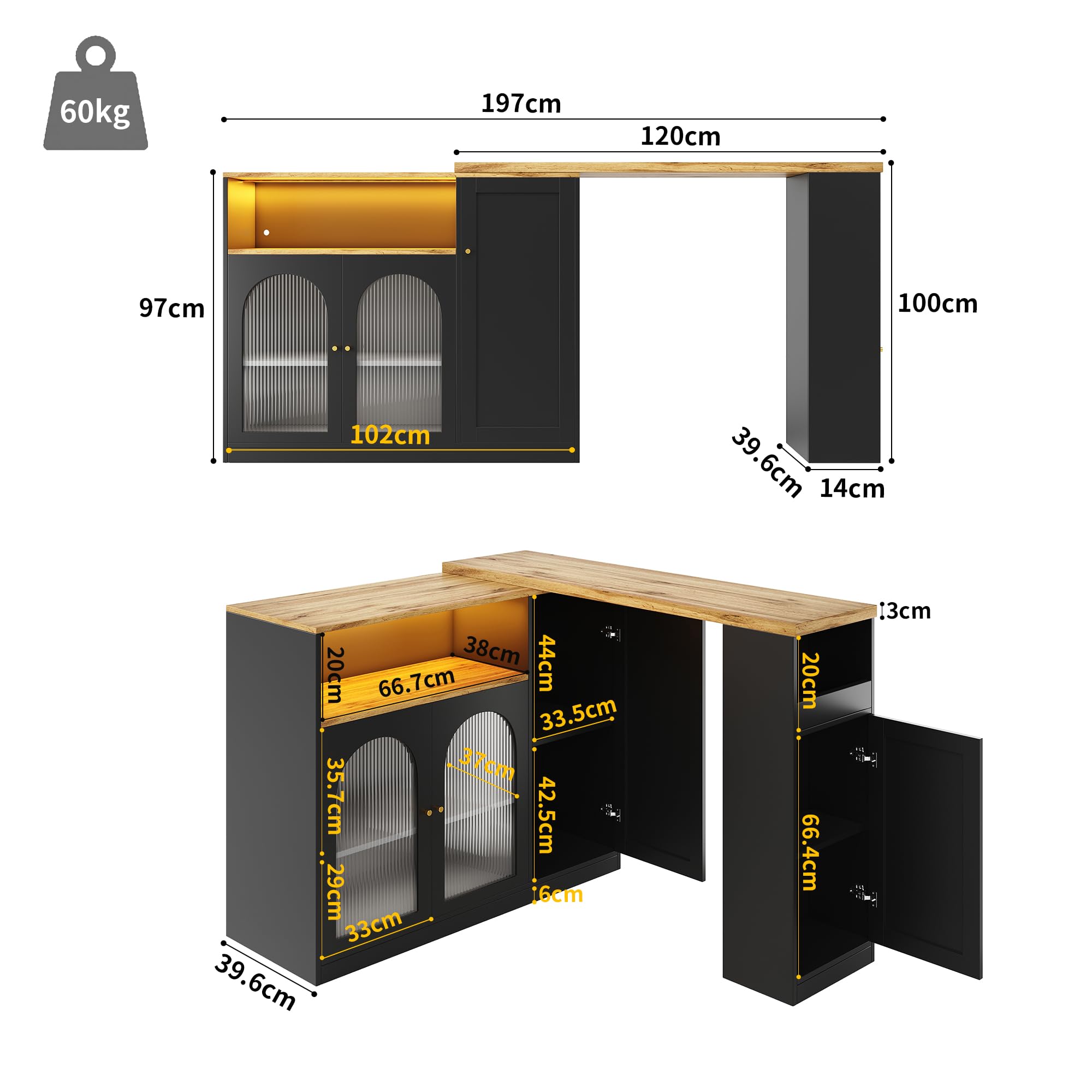 Credenza Moderna Girevole 360° con Luce LED, Vetro Changhong - Multifunzione: Mobile Bar, Cantinetta Vini, Scrivania Legno, Angolo Caffè - Nero Opaco/Venatura Legno 197x40x100 cm