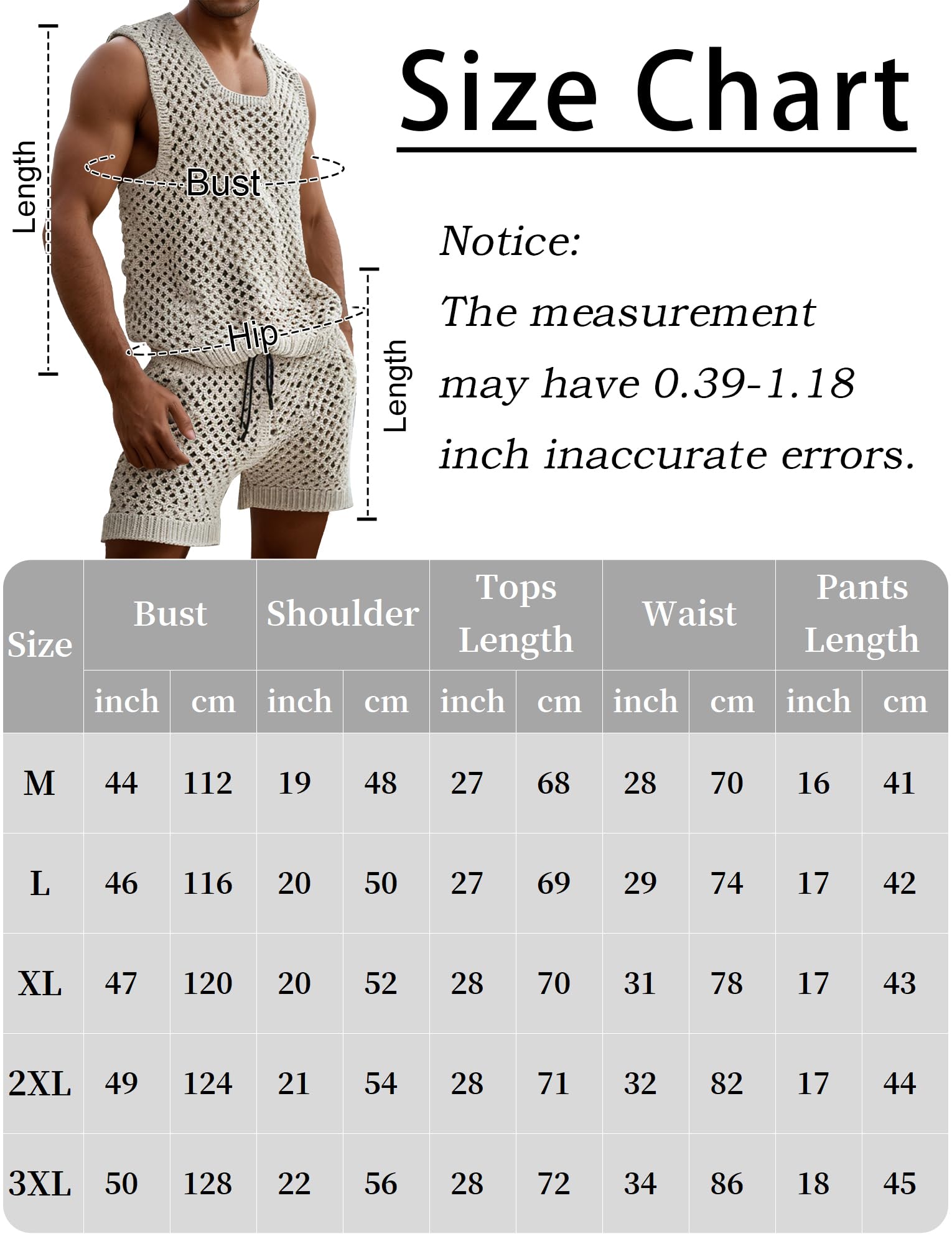 AIEOE Herren 2-Teiliges Netzanzug Gestrickter Fischernetz Set Kordel Mesh Shorts Shirt Sets M-3XL