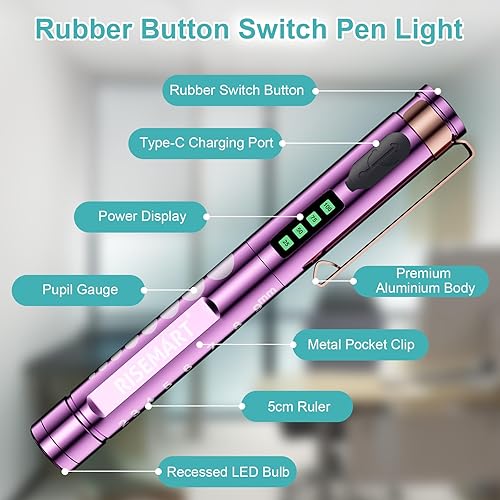 Vista 11 de RISEMART Luz de bolígrafo para enfermera, luz LED médica recargable, blanco cálido/frío y atenuación continua, luz médica portátil para enfermera