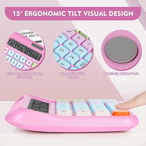 Miniatura 4 de Calculadora de interruptor mecánico, calculadora de escritorio, calculadora rosa oscuro, botones grandes, pantalla LCD grande de 12 dígitos, energía