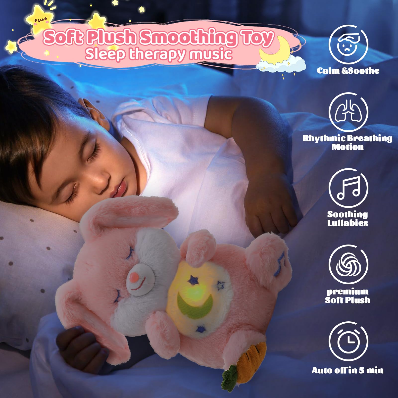 seOSTO Soothing Bunny Breathing Bunny Teddy Plush with Light and Natural Musical Breathing for Baby Toys New Baby Gifts Anxiety Teddy for Adults - Image 2