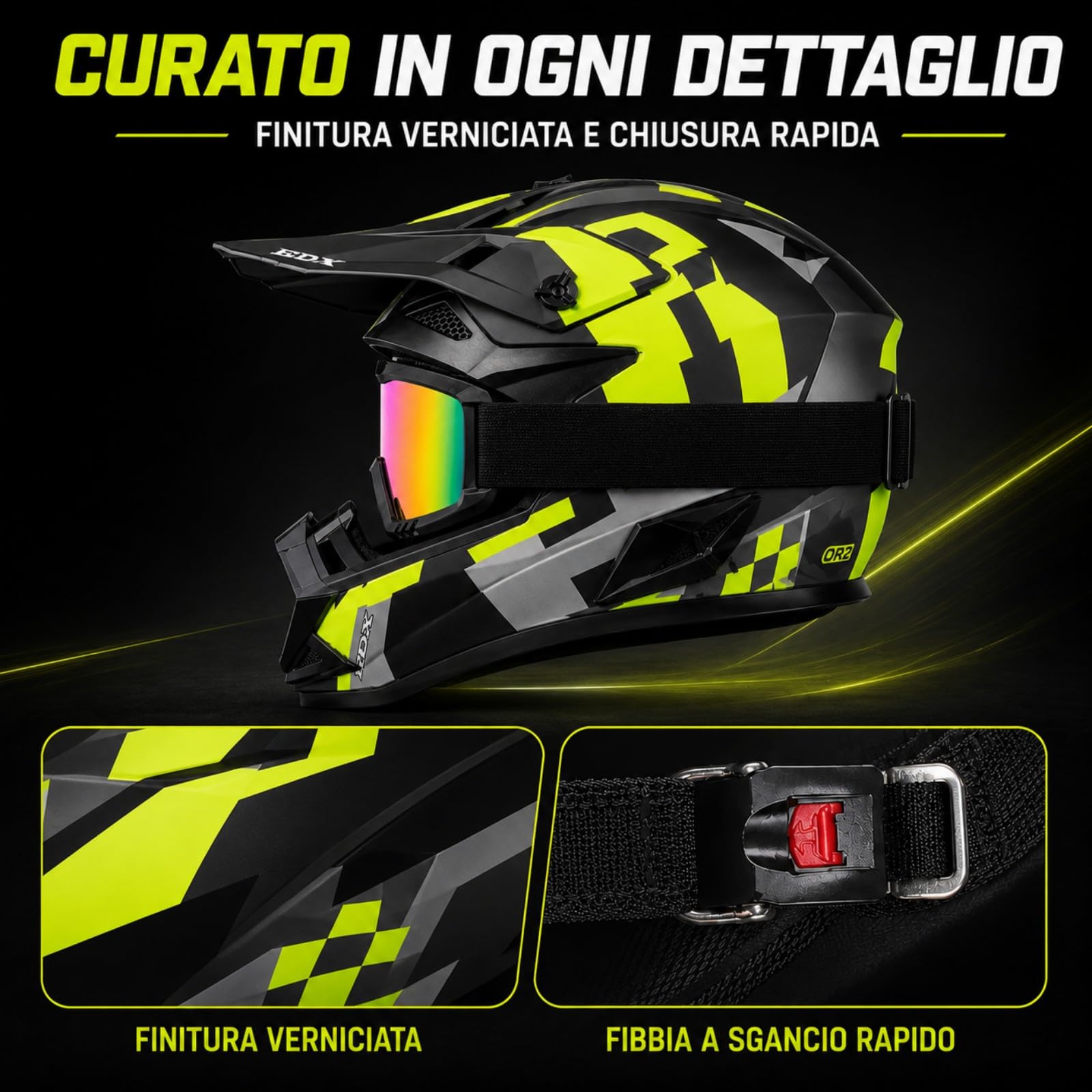Casco Cross nero opaco e giallo neon con Occhiali e Guanti