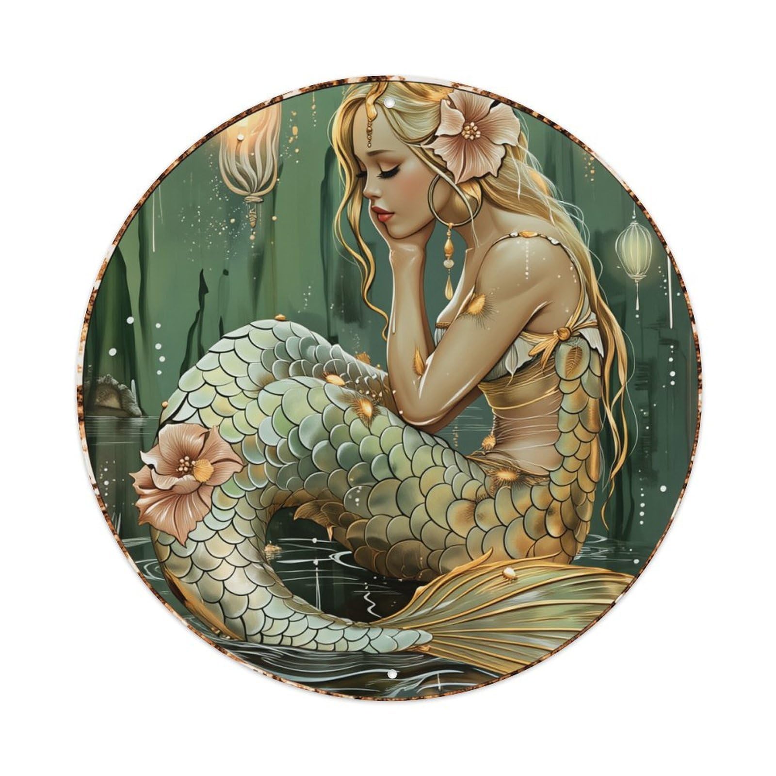 Mermaid With Floral Accents And Scales Round Tin Sign Vintage Metal Poster, Home Bar Garage Man Cave Cafe Indoor & Outdoor Wall Decoration 8x8Inches