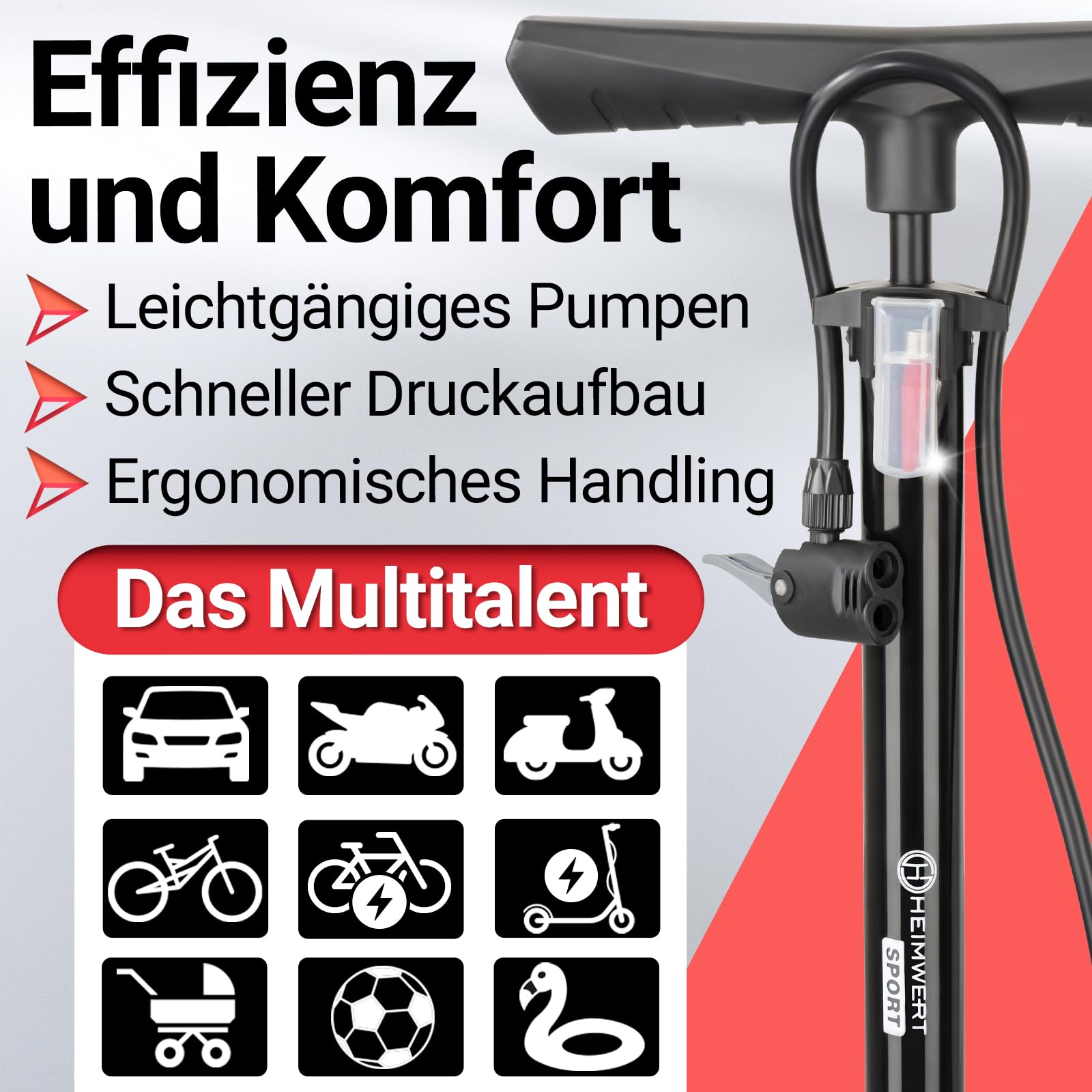 HEIMWERT Premium Fahrrad Luftpumpe für alle Ventile, hochpräzises Manometer, komfortable 12 bar Universal Standpumpe Fahrrad – Luftpumpe Fahrrad für maximale Zuverlässigkeit - Bike Pump