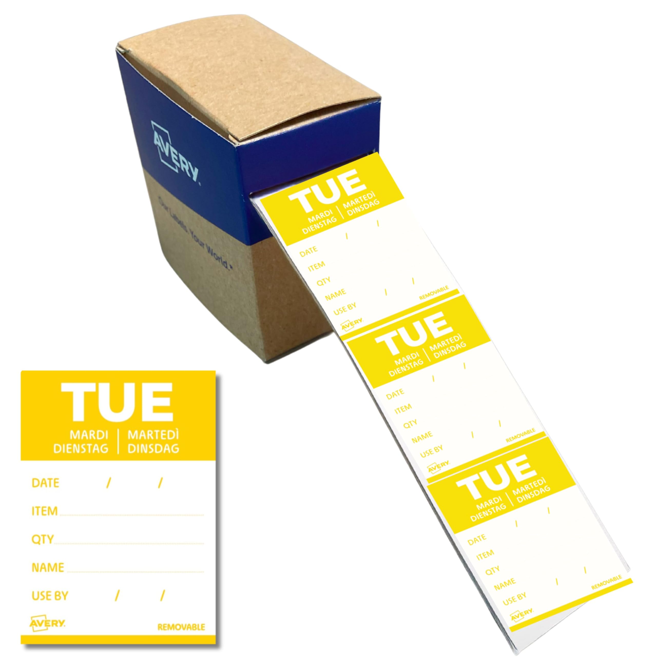 Avery Removable, Hand Writable, Detailed Food Day Labels, Strong Adhesive, 40 x 56 mm, Tuesday, Yellow, 500 Labels, Preprinted Design (DLDTUEREV-500) — image 1