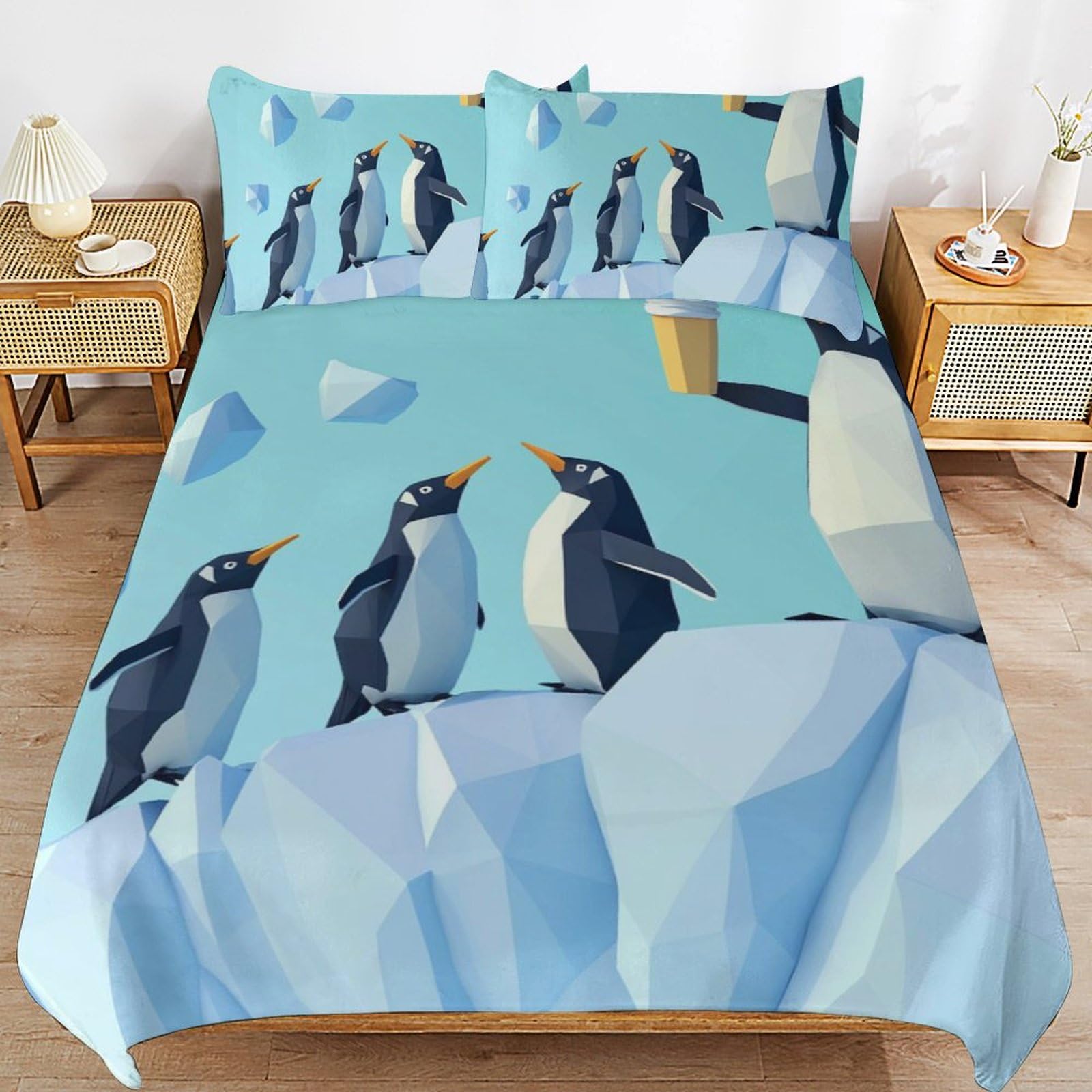 Juego de cama de pingüinos de 3 piezas con microfibra y dos fundas 80x80 cm
