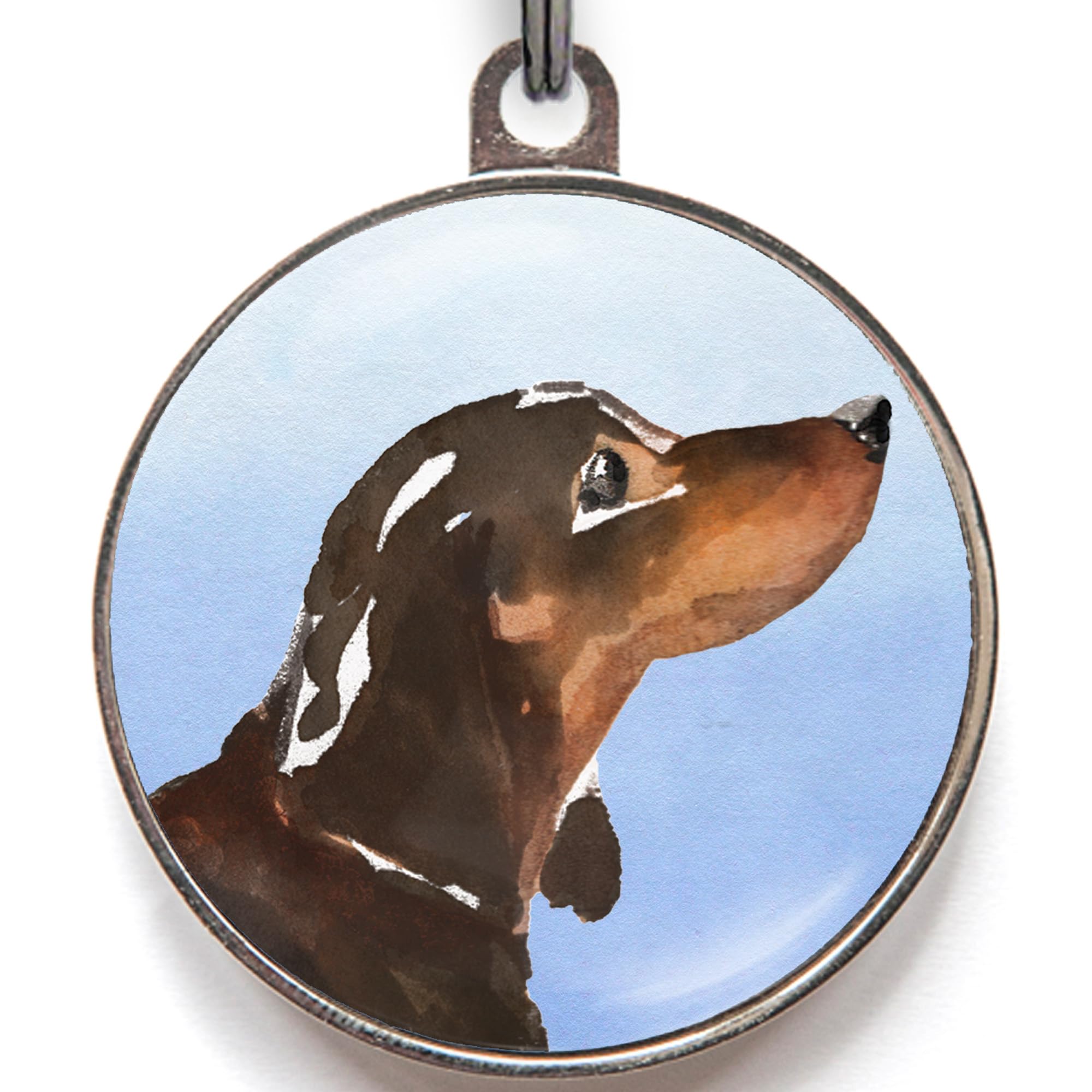 Dachshund Dog Tag – Add Text to Back – Watercolour Pet ID Tag with Black & Tan Sausage Dog Illustration – 4 Colour Options – Double-Sided Metal Dog Name Tag – Small & Large Sizes