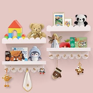 Floating Nursery Book Shelves for Wall, 16'' Wood Book Shelf for Baby Boys Girls Bedroom Bathroom and Décor Storage, Wall Shelf for Books, Plants, Toys, Photo Frames (White-Wooden Pegs, 4 Pack)