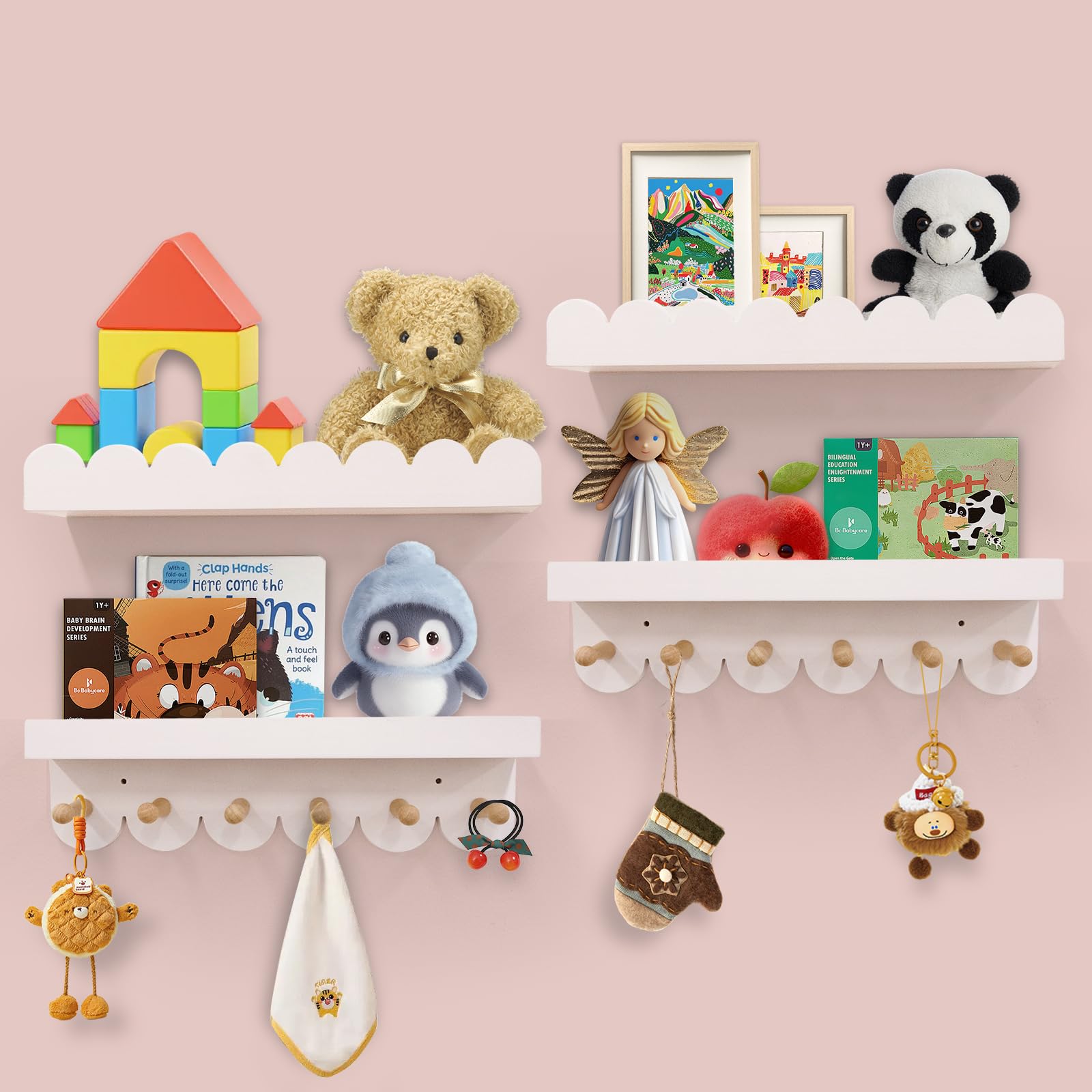Floating Nursery Book Shelves for Wall, 16'' Wood Book Shelf for Baby Boys Girls Bedroom Bathroom and Décor Storage, Wall Shelf for Books, Plants,