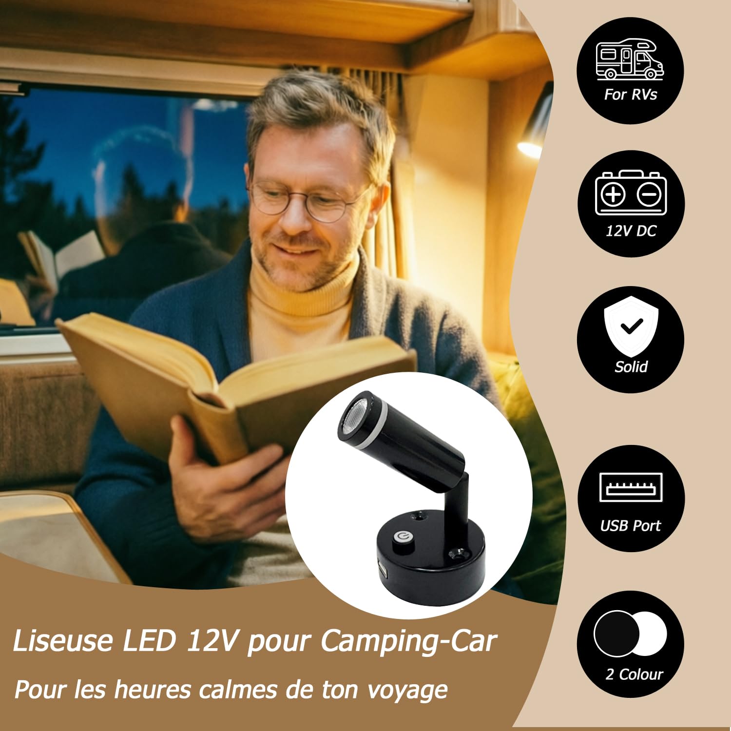 D-lite Liseuse LED 12V avec USB pour Camping Car, Blanc Chaud, Lot de 2