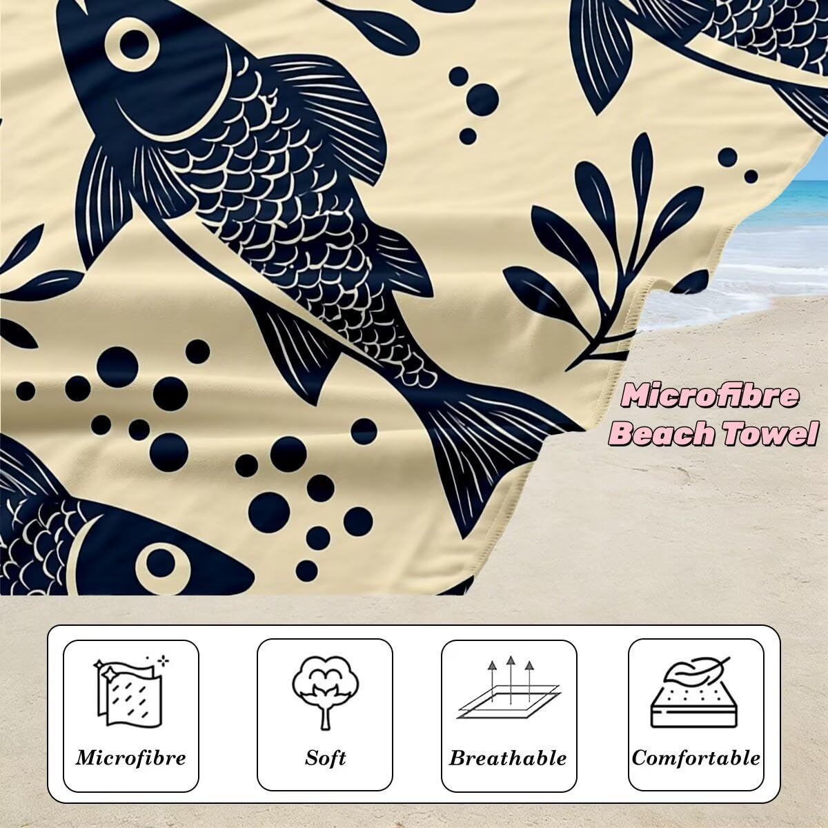 Toalla Playa 90x180 cm, Toalla Gimnasio Microfibra Secado Rapido, Juego de 2 Antiarena Toallas de Playa, Ligera Compacta Toallas Microfibra Grande para Viaje, Regalo Hombre Regalo Mujer (Pez) -4427