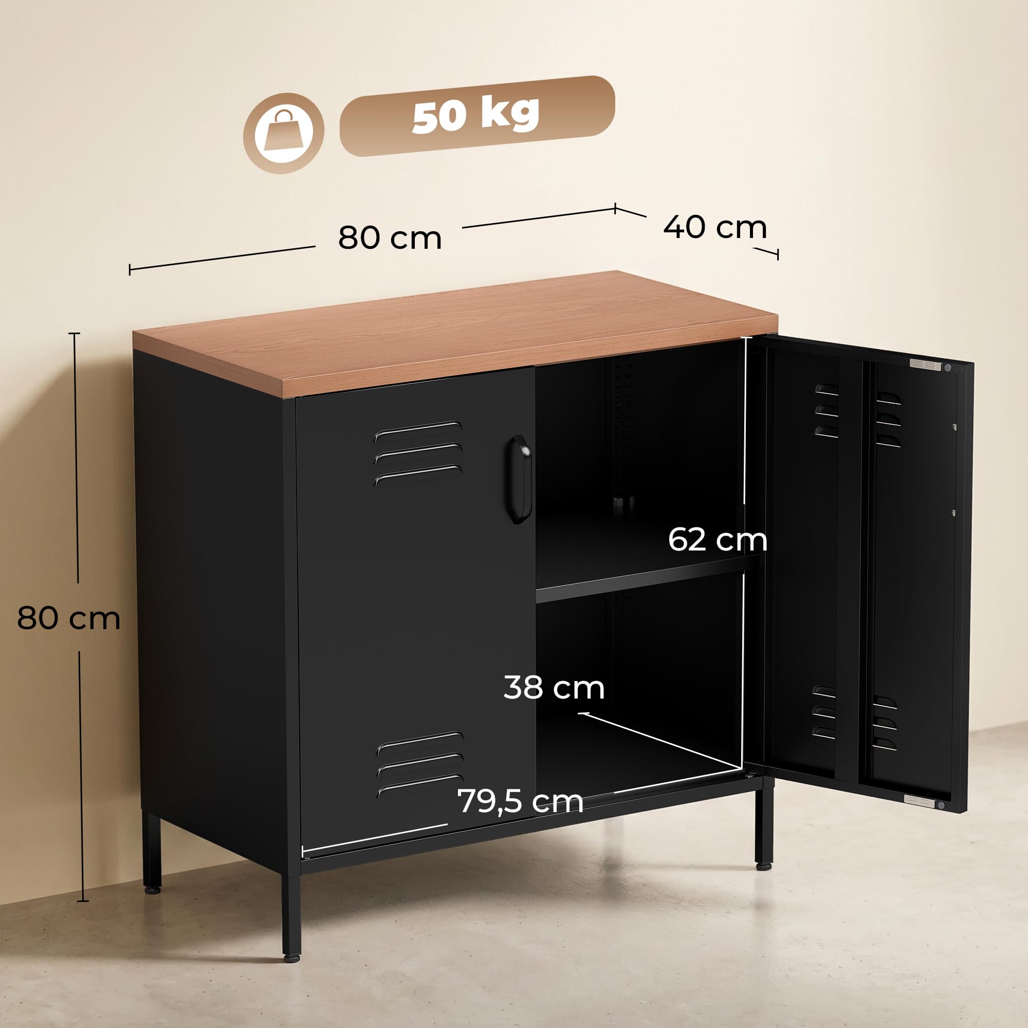 HOMCOM Sideboard aus Metall mit 2 Türen, Stahlbeinen, 80x40x80 cm, Schwarz | Industrieller Aktenschrank, Verstellbarem Regal, Beistellschrank, für Wohnzimmer, Küche, Esszimmer, Büro