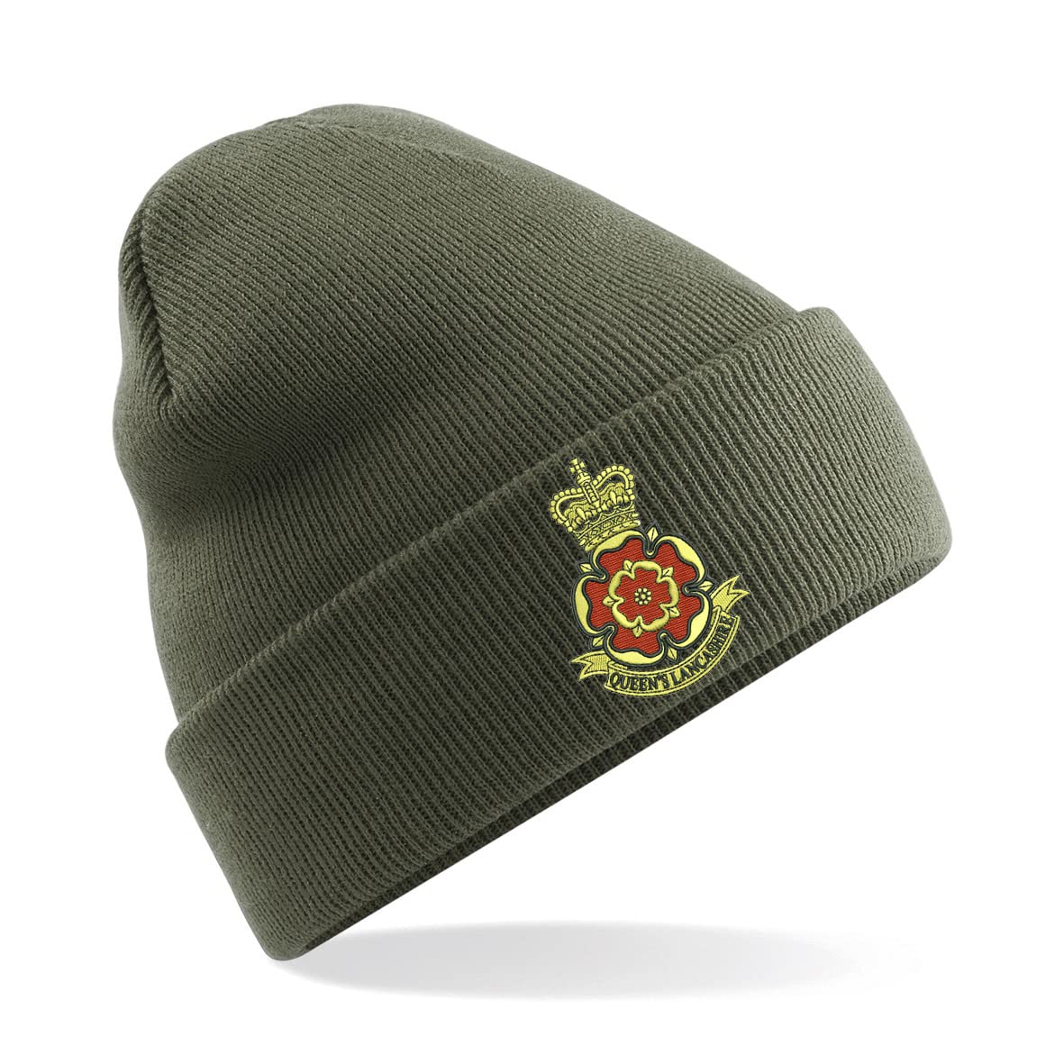 Psave Men's Military Green Queen's Lancashire Regit Insignia Premium Embroidered Beanie Hat, Bob Hat British Army Military (Military Green)