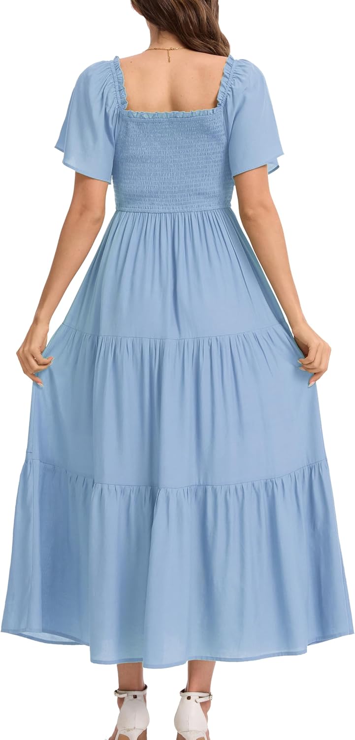 Women's Summer Ruffle Short Sleeve Maternity Maxi Dress Flowy Tiered A Line Photoshoot Baby Shower Dress - Image 6