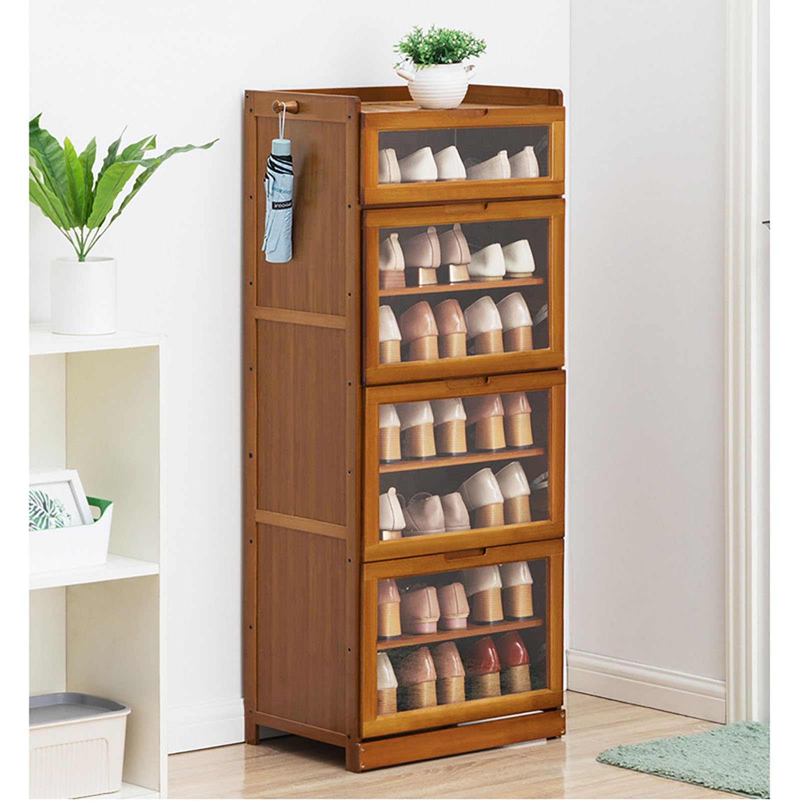 Meuble à chaussures en bambou à 7 niveaux avec portes en acrylique pour entrée étroite