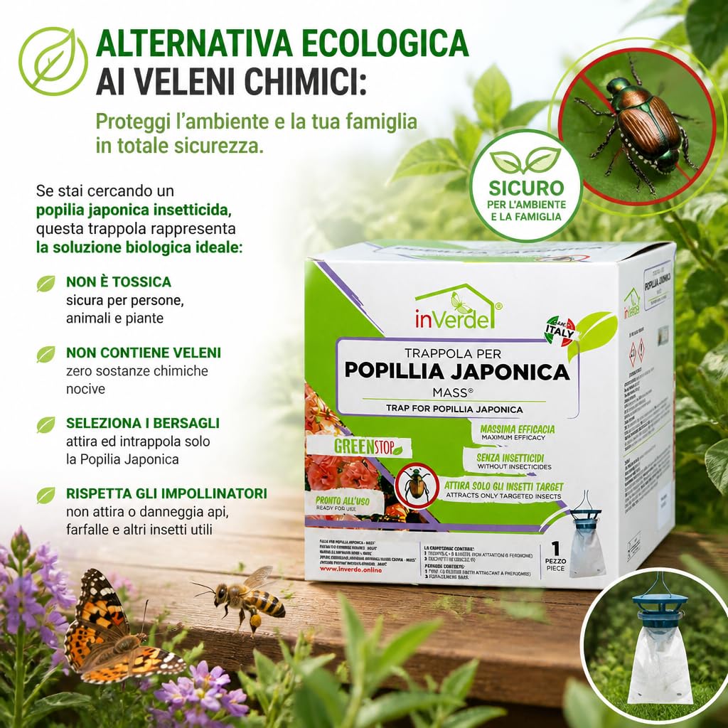 Sandokan, 2 Trappole Popillia Japonica a Feromoni,Alternativa Naturale Insetticida per Popillia,Cattura Insetti con Attrattivo Floreale e 3 Sacchetti Compostabili, Made In Italy