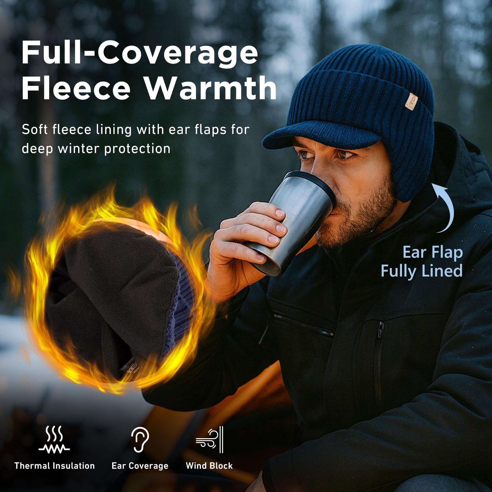 TOP-EX DryKnit™ - Gorro de lana merino impermeable 80% para hombre, con orejeras y forro polar, visera térmica de invierno para clima frío, M-XXL