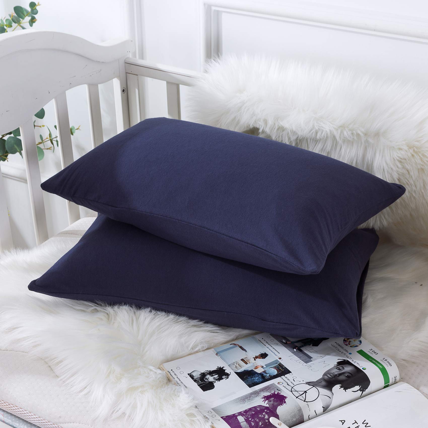 Household Cotton Jersey Knit Pillowcases, Soft and Breathable Travel Pillow Cases with Envelope Closure, 13" x 18" 2 Pack (Navy Blue)