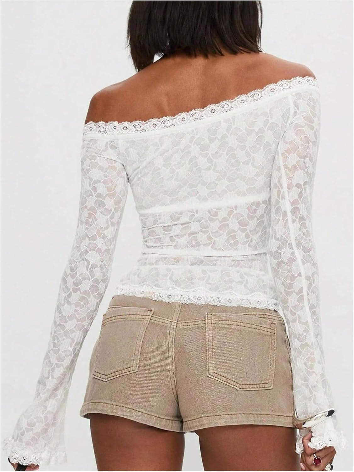 Floerns Women's Floral Lace Off Shoulder Tops Long Sleeve Ruched Mesh Date Night Tee Tops - Image 3