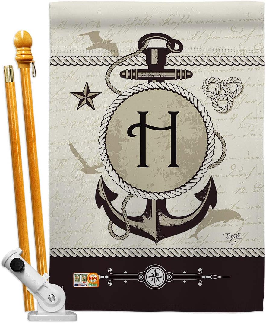 Nautical H Initial House Flag Dowel Set Monogram Coastal Anchor Sailor Sea Shells Outdoor Summer Ocean Small Decorative Gift Yard Banner Made In USA 28 X 40
