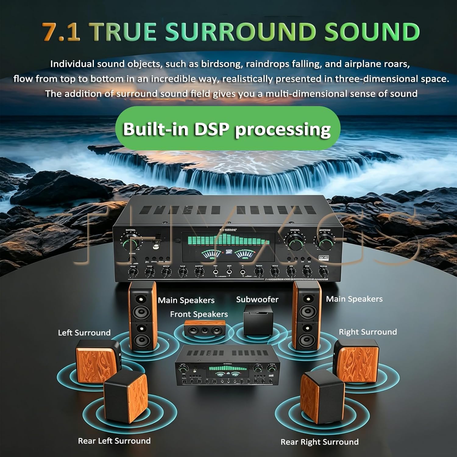 Amplificateur audio stéréo 7.1 canaux, récepteur audio domestique, avec Bluetooth 6.0, compatible avec les entrées DVD/CD/AUX, volume réglable pour la maison, le karaoké et les enceintes home cinéma
