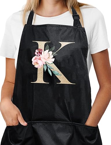 Delantal negro con inicial para mujer con bolsillos, delantal de jardinería de cocina, regalos para ella, chef, mamá