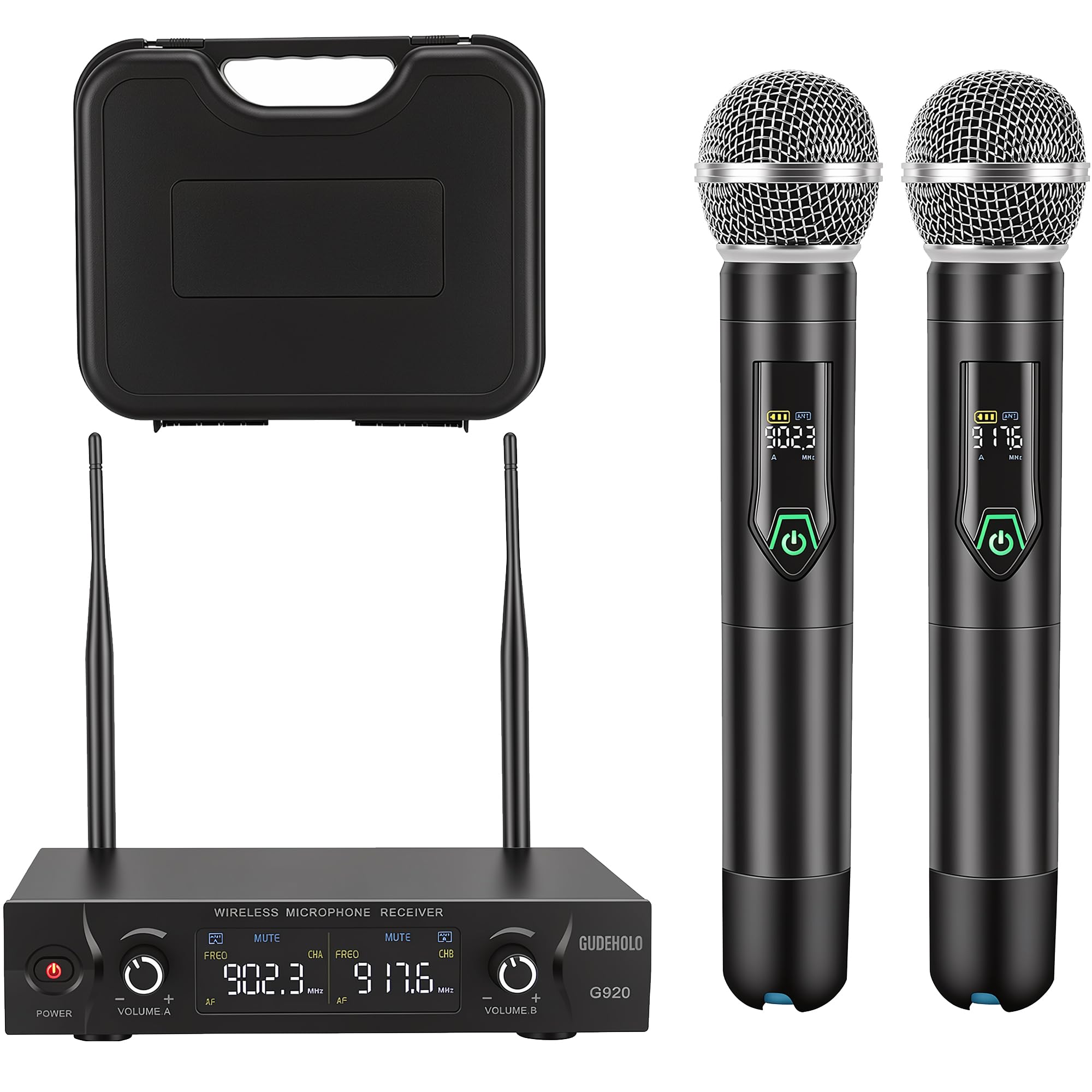 GUDEHOLO Wireless Microphone System with case, Metal UHF Dual Handheld 20 Channels Profes…